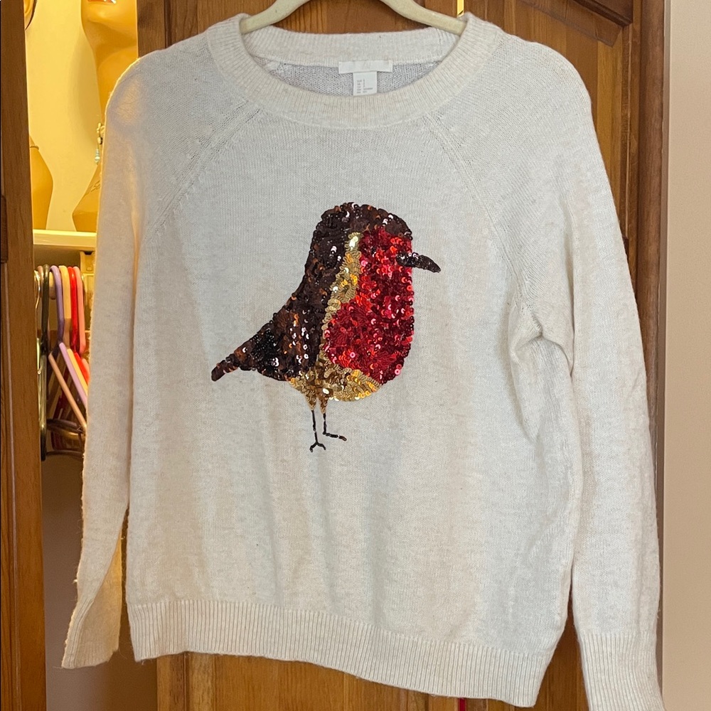 H&M Cream Sweater with Sequin Bird Design